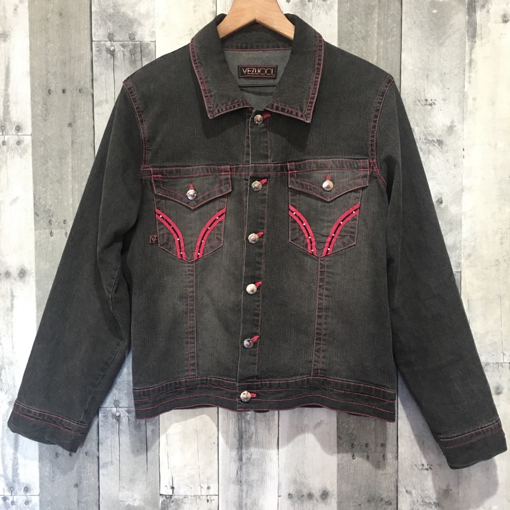 Vezucci Hot Pink Trim & Rhinestone Jean Jacket